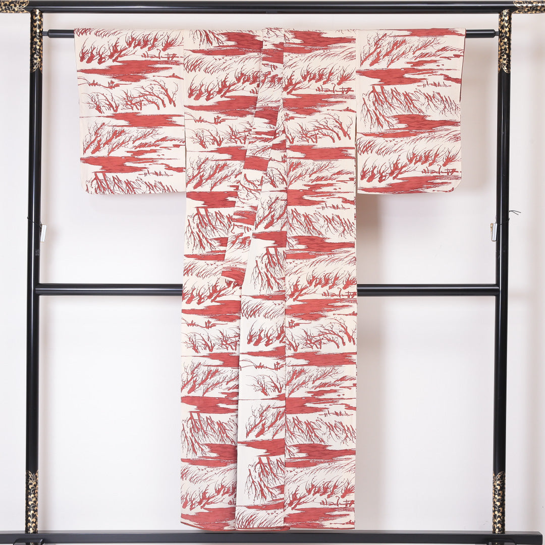 小紋 袷 身丈145cm 裄64cm 正絹 植物柄 クリーム系 Bランク 1215-01997
