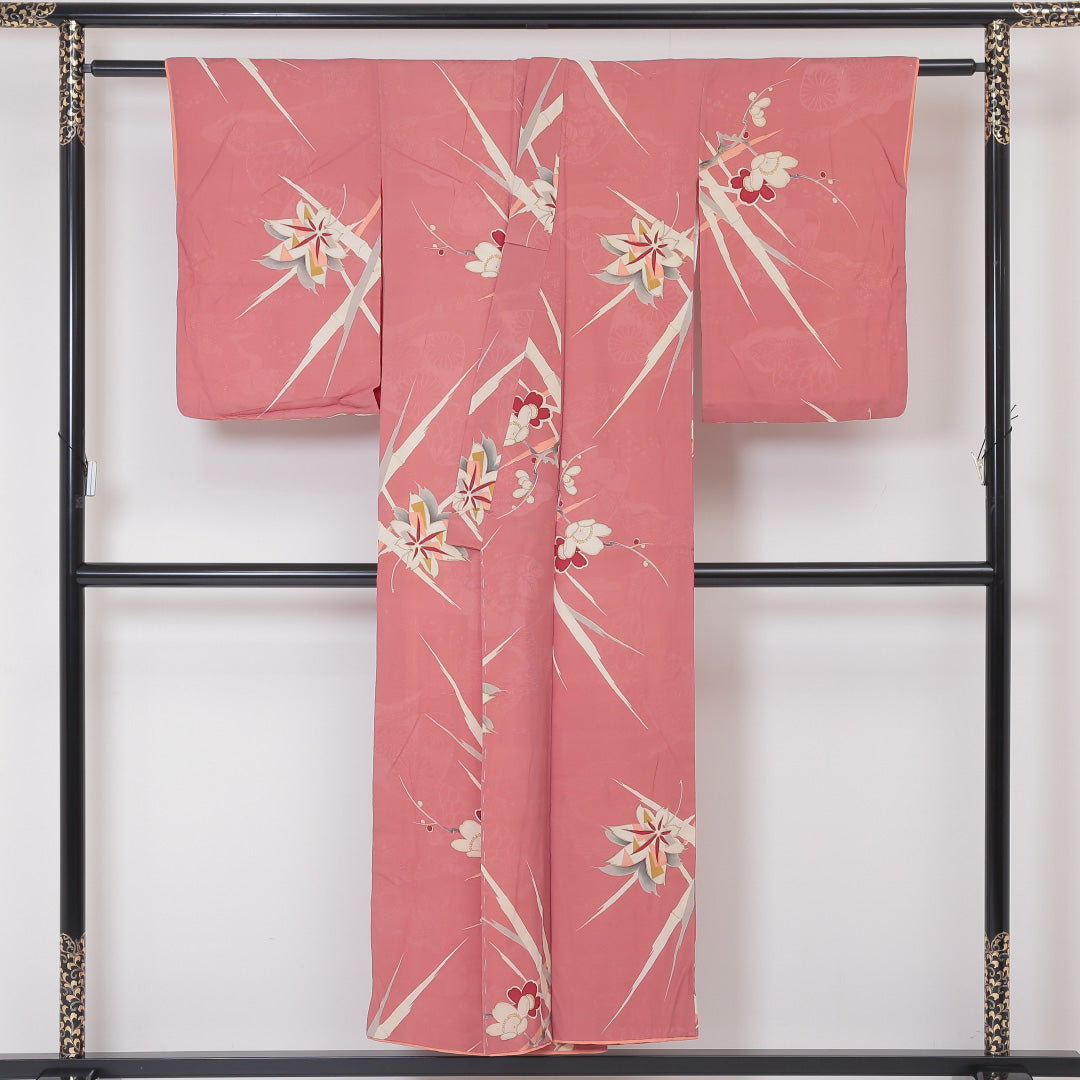 アンティーク 小紋 袷 身丈150cm 裄丈61cm 正絹 Bランク バチ衿 Sサイズ 花柄 ピンク系 RP 1221-01824