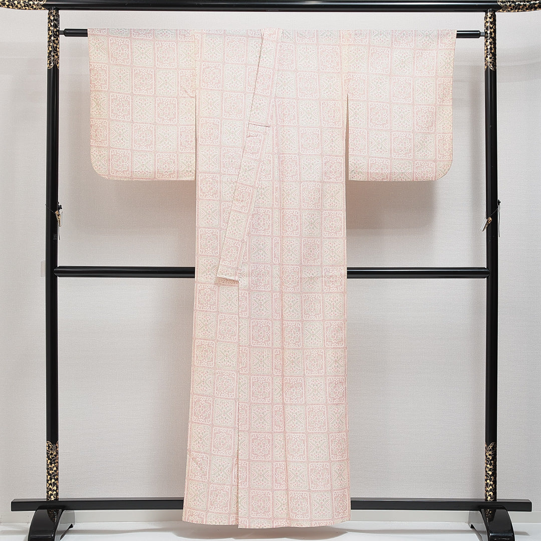 小紋 単衣 身丈156cm 裄丈63cm 正絹 Sランク インフォーマル バチ衿 Mサイズ 抽象柄 クリーム系 RP 1221-14875