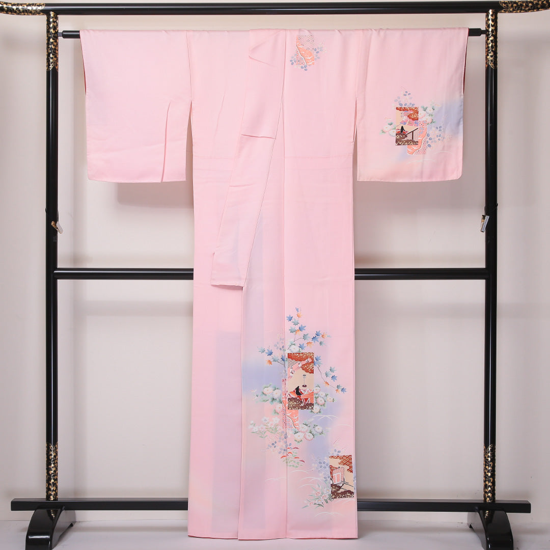 訪問着 袷 身丈162cm 裄丈67cm 正絹 Aランク セミフォーマル 広衿 Lサイズ ぼかし染 金彩 平安絵巻 花柄 ピンク系 HP 1217-04613