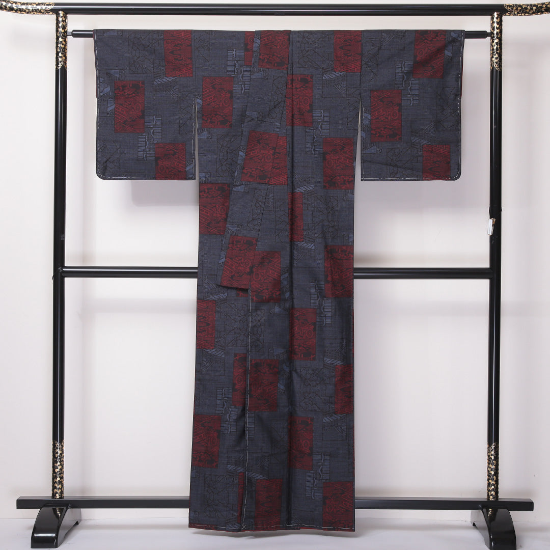 大島紬 袷 身丈160cm 裄64cm 正絹 四角繋ぎ 紺系 しつけ糸 Sランク 1216-01075