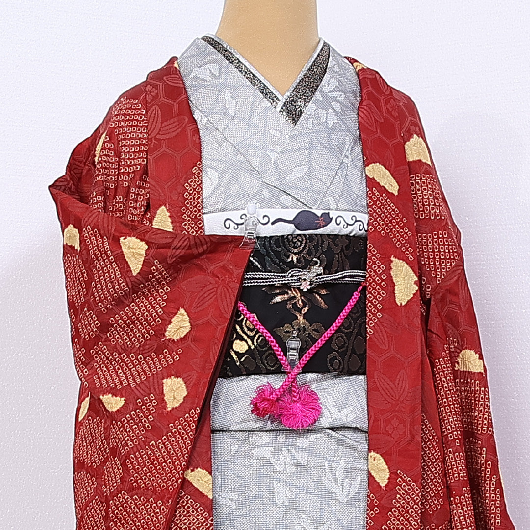 アンティーク 羽織 袷 身丈98cm 裄丈61cm 正絹 Cランク 紋意匠 (吉祥文様) Sサイズ 絞り 紐あり 花柄 赤系 PO 1232-10243