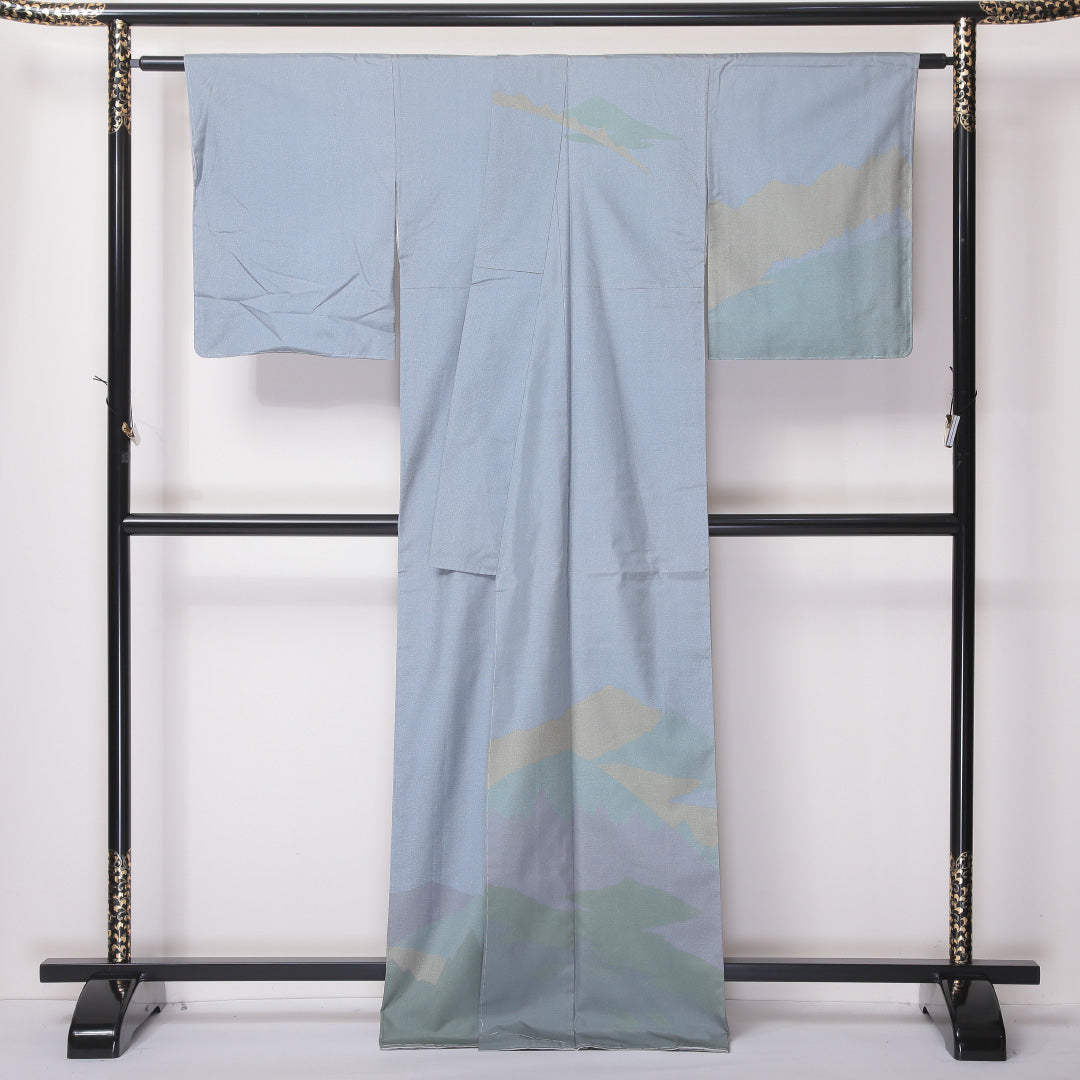 付下げ (大島紬) 袷 身丈169cm 裄丈67cm 正絹 Sランク インフォーマル 広衿 XLサイズ 経緯絣 しつけ糸 山 グレー系 M4 1218-04587