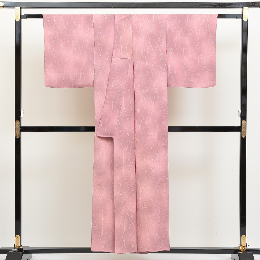 小紋 袷 身丈154cm 裄丈64cm 正絹 Cランク インフォーマル 広衿 Sサイズ ぼかし染 創作柄 ピンク系 LP 1221-00960