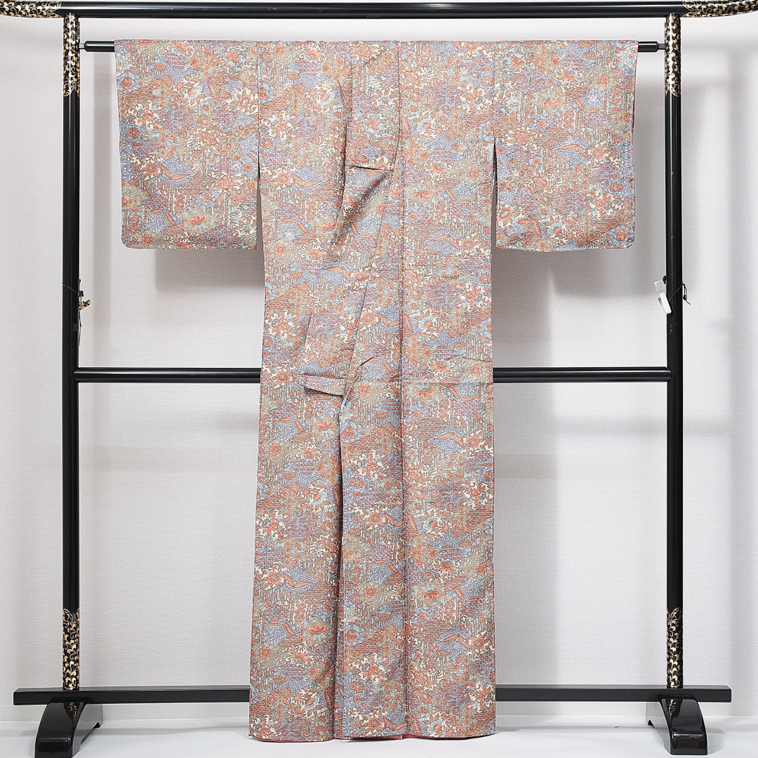 洗える着物 小紋 袷 身丈161cm 裄丈63cm ポリエステル Sランク インフォーマル 広衿 Lサイズ 更紗柄 多色系 RP 1221-14908