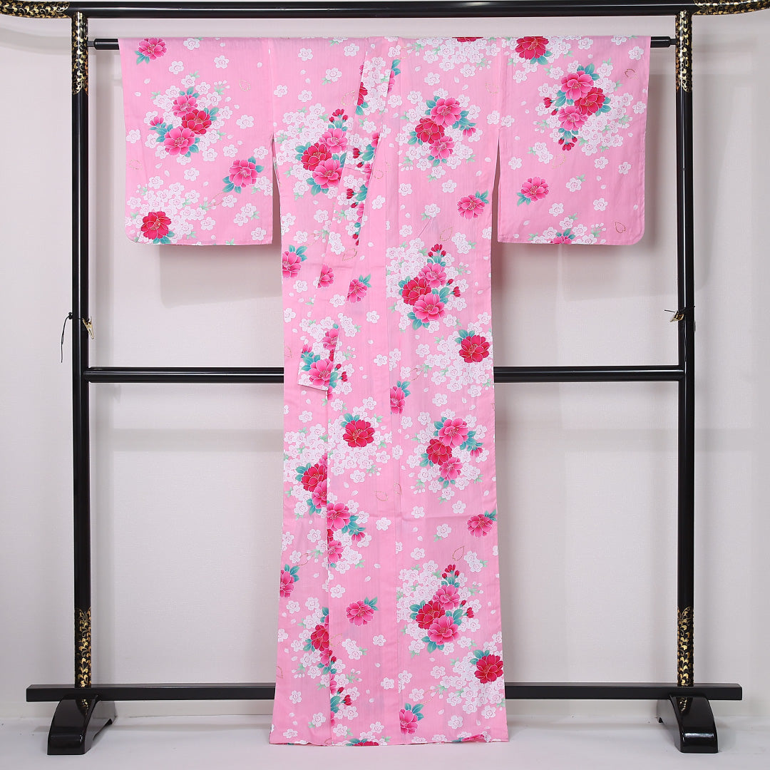 夏物 浴衣 身丈165cm 裄丈66.5cm Aランク XL 木綿 洗える着物 夏物 バチ衿 牡丹 桜 梅 カジュアル ピンク系 1218-12454