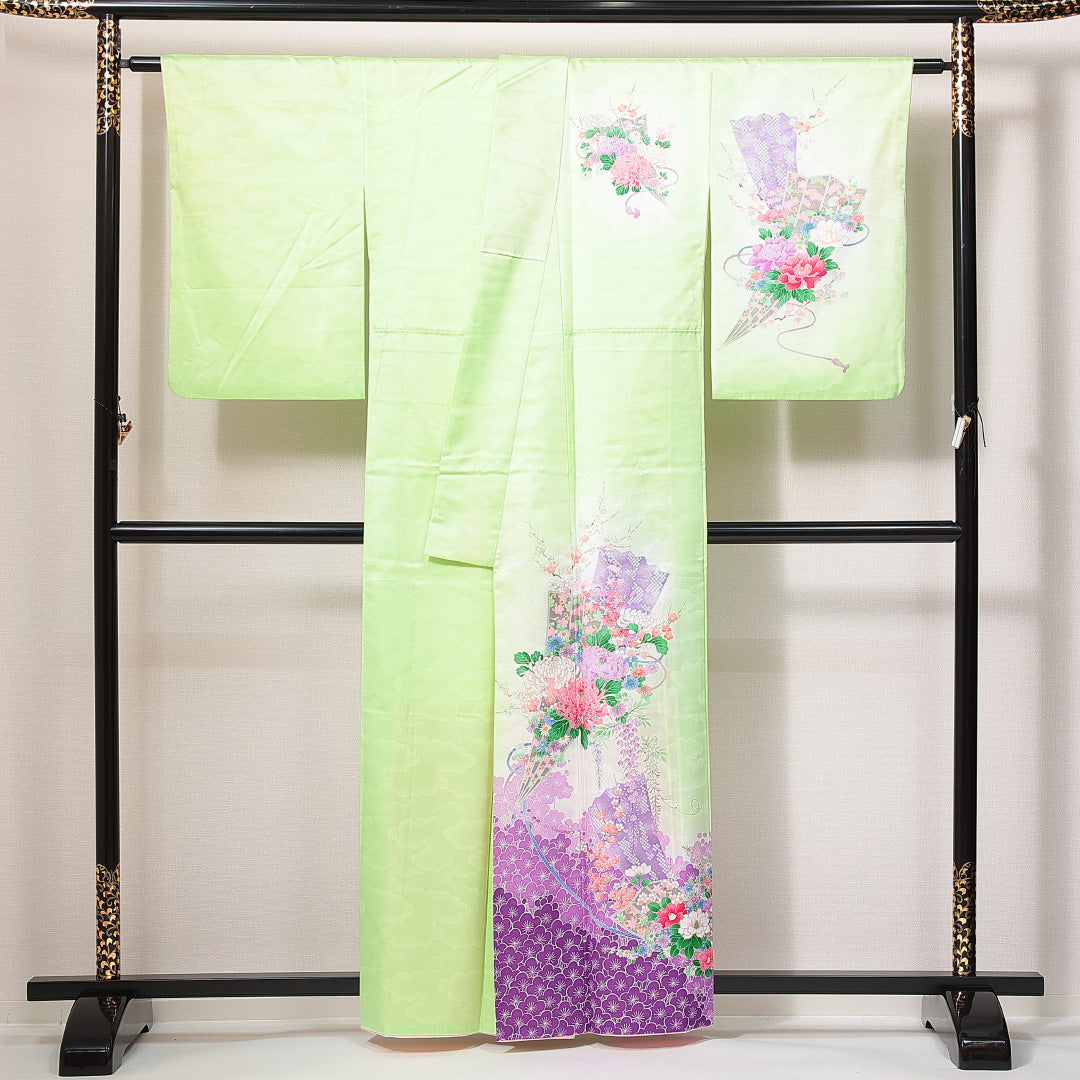 訪問着 洗える着物 袷 身丈158cm 裄丈62cm ポリエステル Bランク Mサイズ 広衿 セミフォーマル 吉祥文様 緑系 1212-14923