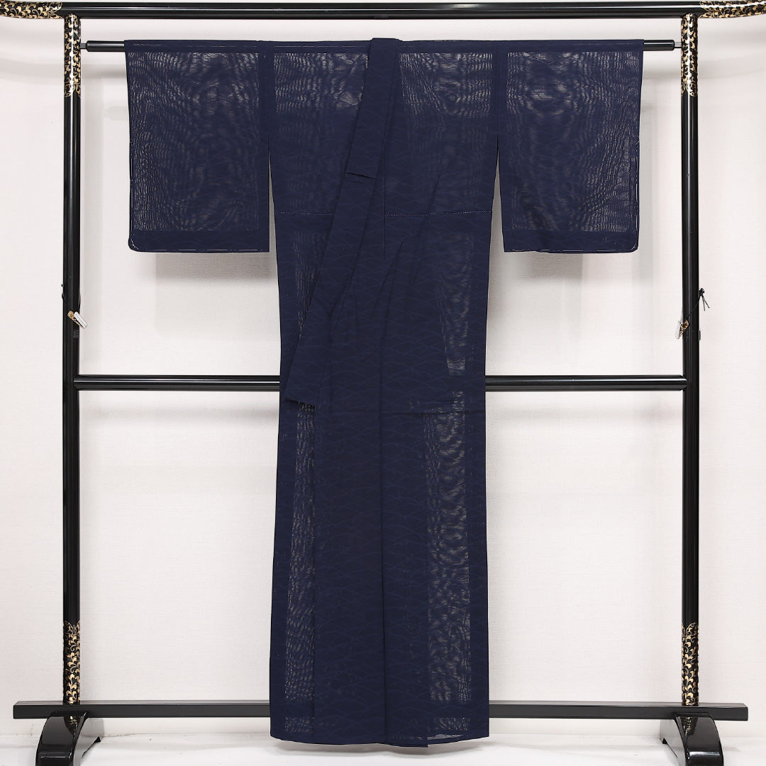 小紋 紗 身丈158cm 裄丈64cm Sランク 正絹 バチ衿 Mサイズ インフォーマル 芝草 古典的 落ち着き 紺系 1215-13387