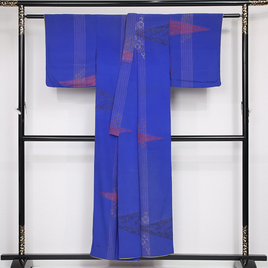 アンティーク お召 袷 身丈146cm 裄丈63cm 正絹 Cランク バチ衿 XSサイズ 唐草 花喰鳥 青系 RP 1222-13225