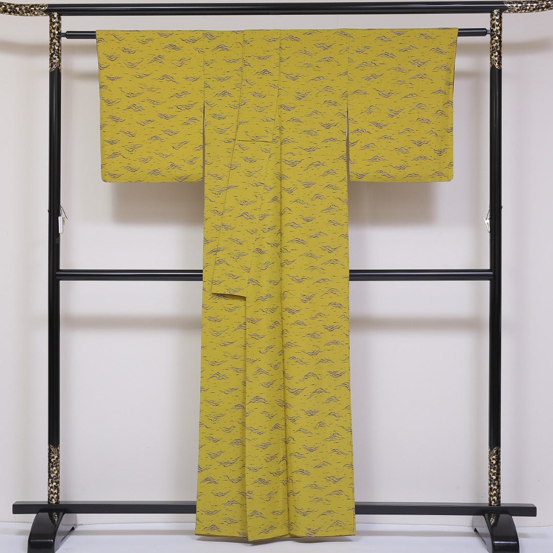 小紋 袷 身丈161cm 裄丈65cm 正絹 Aランク インフォーマル 広衿 Lサイズ 遠山 黄系 HP 1221-01803