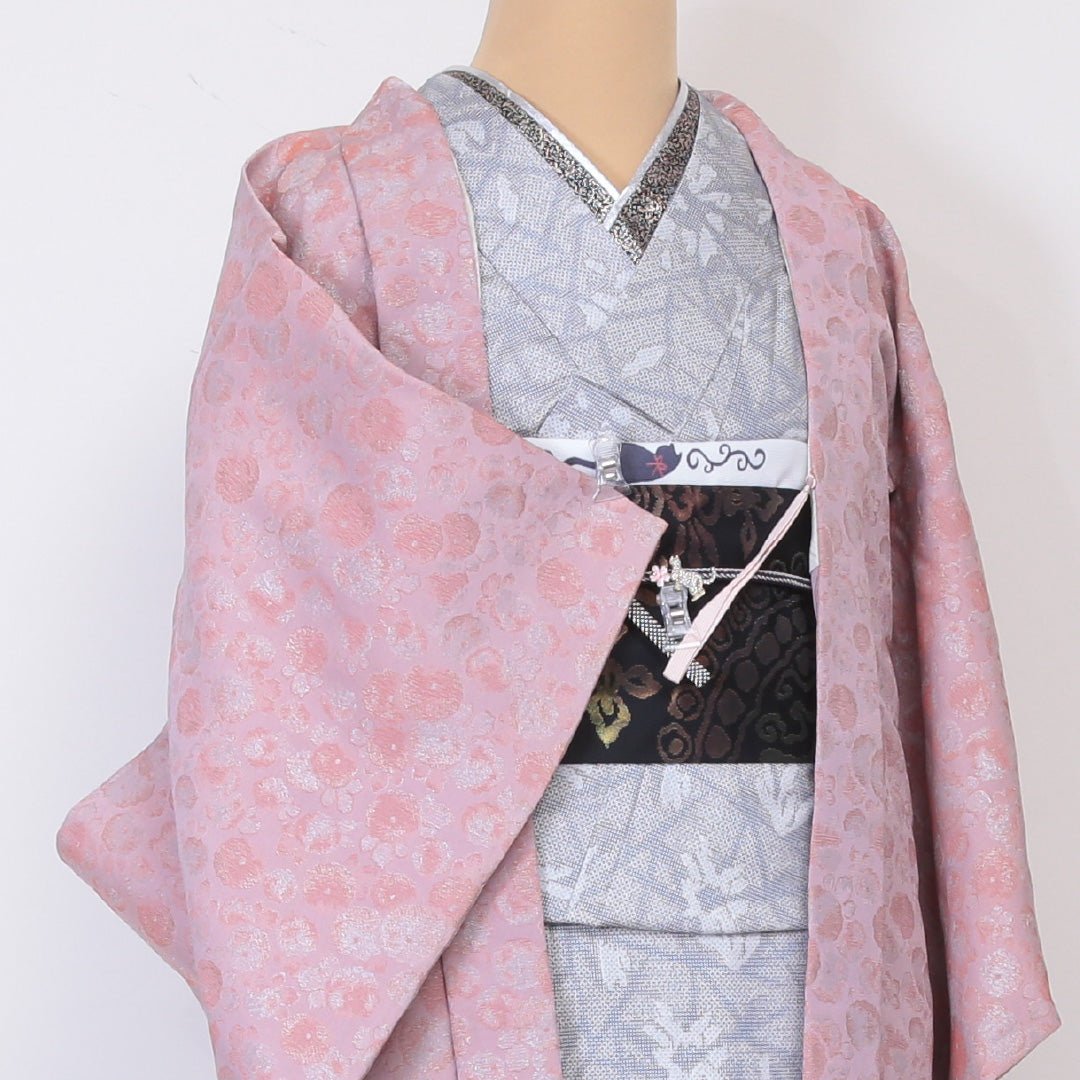 羽織 袷 身丈74cm 裄丈62cm 正絹 Bランク カジュアル Sサイズ 紐あり 花柄 ピンク系 HP 1232-05948