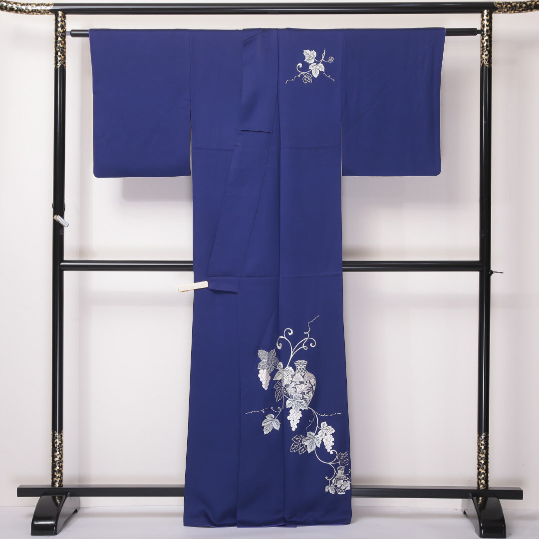 訪問着 袷 身丈160~164cm 裄62cm 正絹 葡萄 壺 蘇州刺繡 鉄紺 青系 Aランク 1212-00614