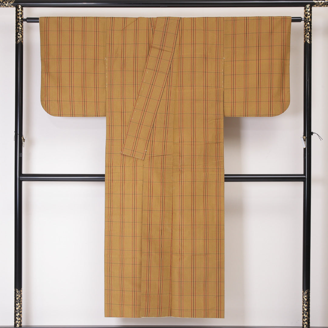 紬 袷 身丈146cm 裄62.5cm 正絹 格子 黄系 Bランク 1216-00912