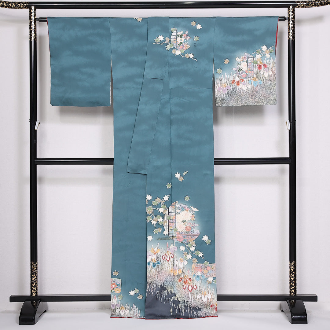 訪問着 袷 身丈164cm 裄65cm 正絹 ぼかし 菖蒲 楓 Aランク 1212-00854