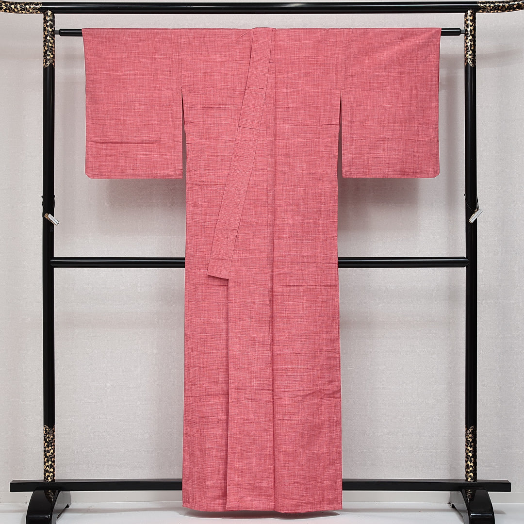 紬 単衣 身丈160cm 裄丈63cm 正絹 Sランク カジュアル バチ衿 Lサイズ 無地 ピンク系 RP 1223-14513