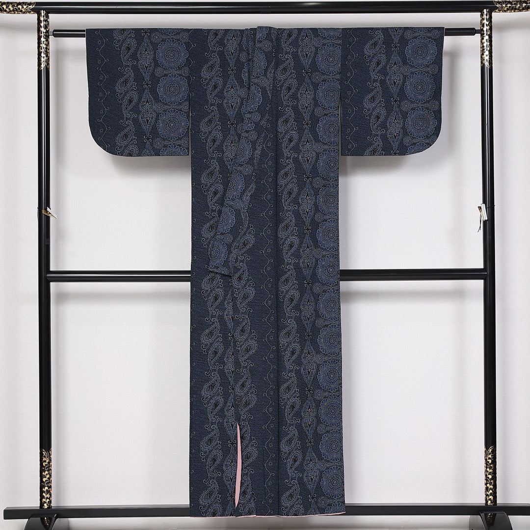 紬 袷 身丈152cm 裄61cm 洗える着物 ウール 紺系 Aランク 1216-01379