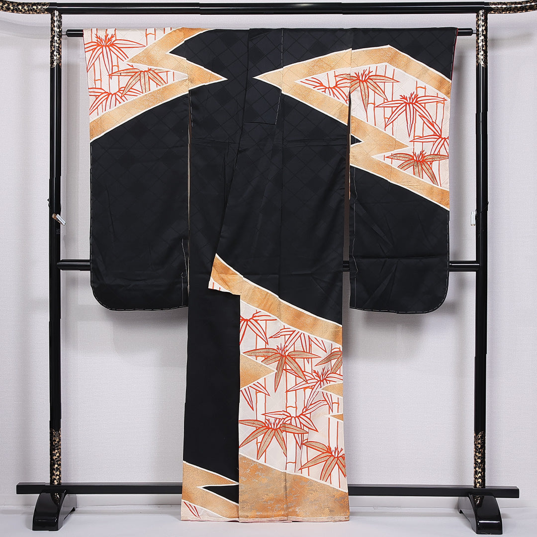 振袖 身丈163cm 裄丈64cm 袷 正絹 Bランク 広衿 竹 金糸 1213-F0395