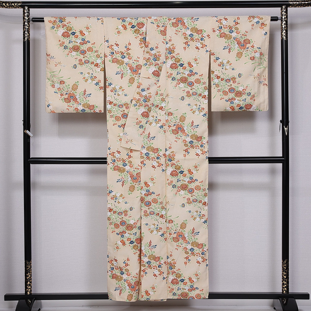 小紋 袷 身丈153cm 裄丈63cm 正絹 Aランク インフォーマル 広衿 Sサイズ 四季草花 クリーム系 RP 1221-11249