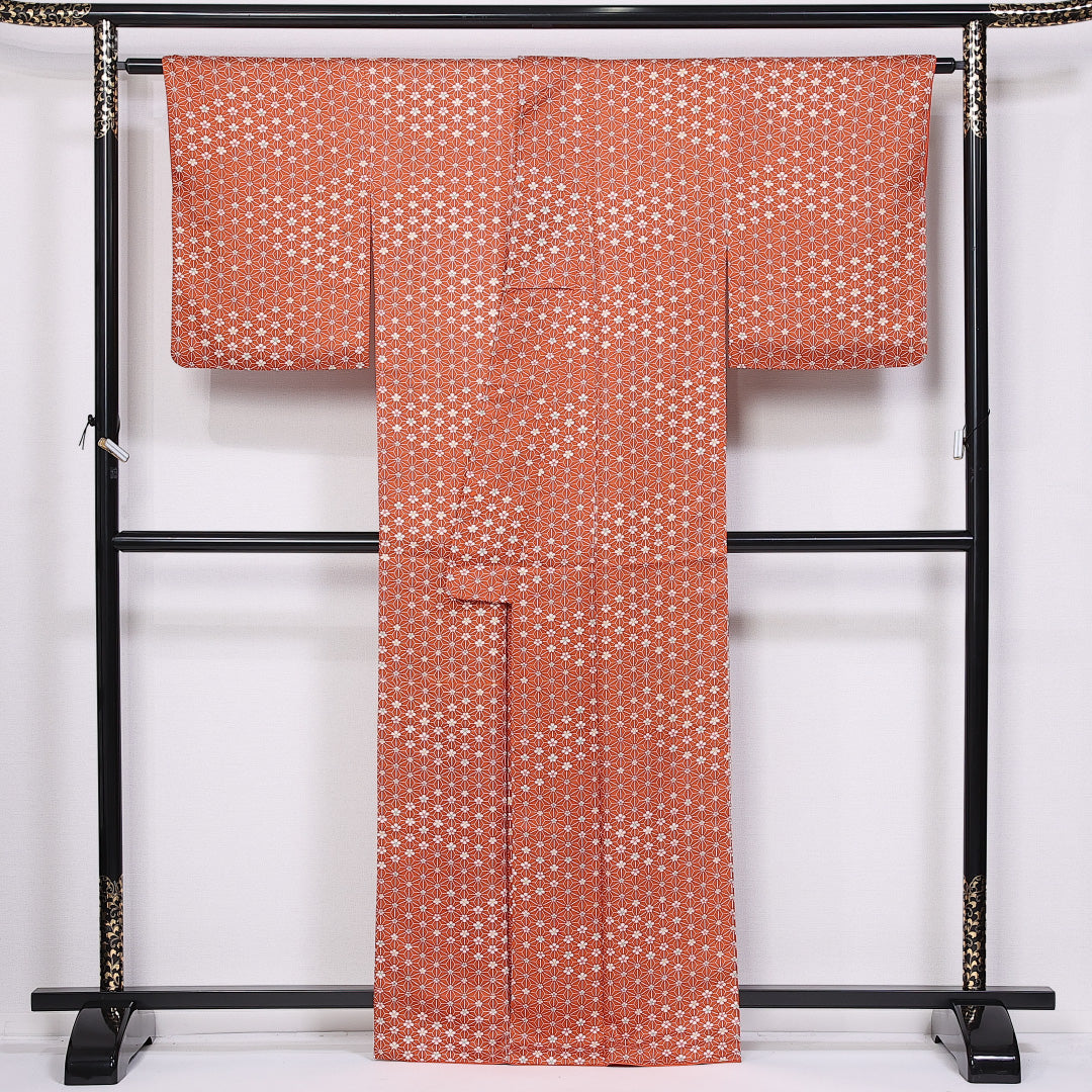 小紋 身丈162cm 裄丈64cm L 正絹 Aランク 袷 広衿 梅 麻の葉 レトロ 1215-11047