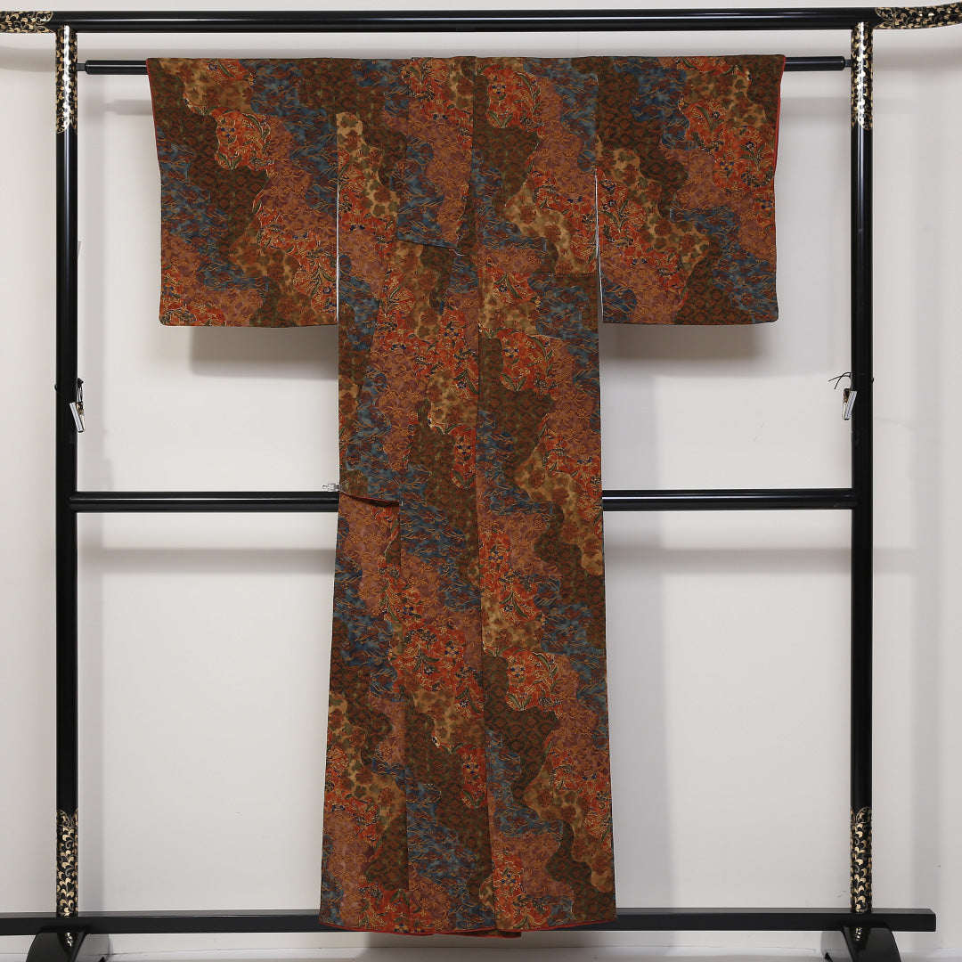 小紋 袷 身丈152cm 裄62cm 茶系 更紗 鬼縮緬 オリエンタル ボタニカル 正絹 Sランク 1215-01658-2214