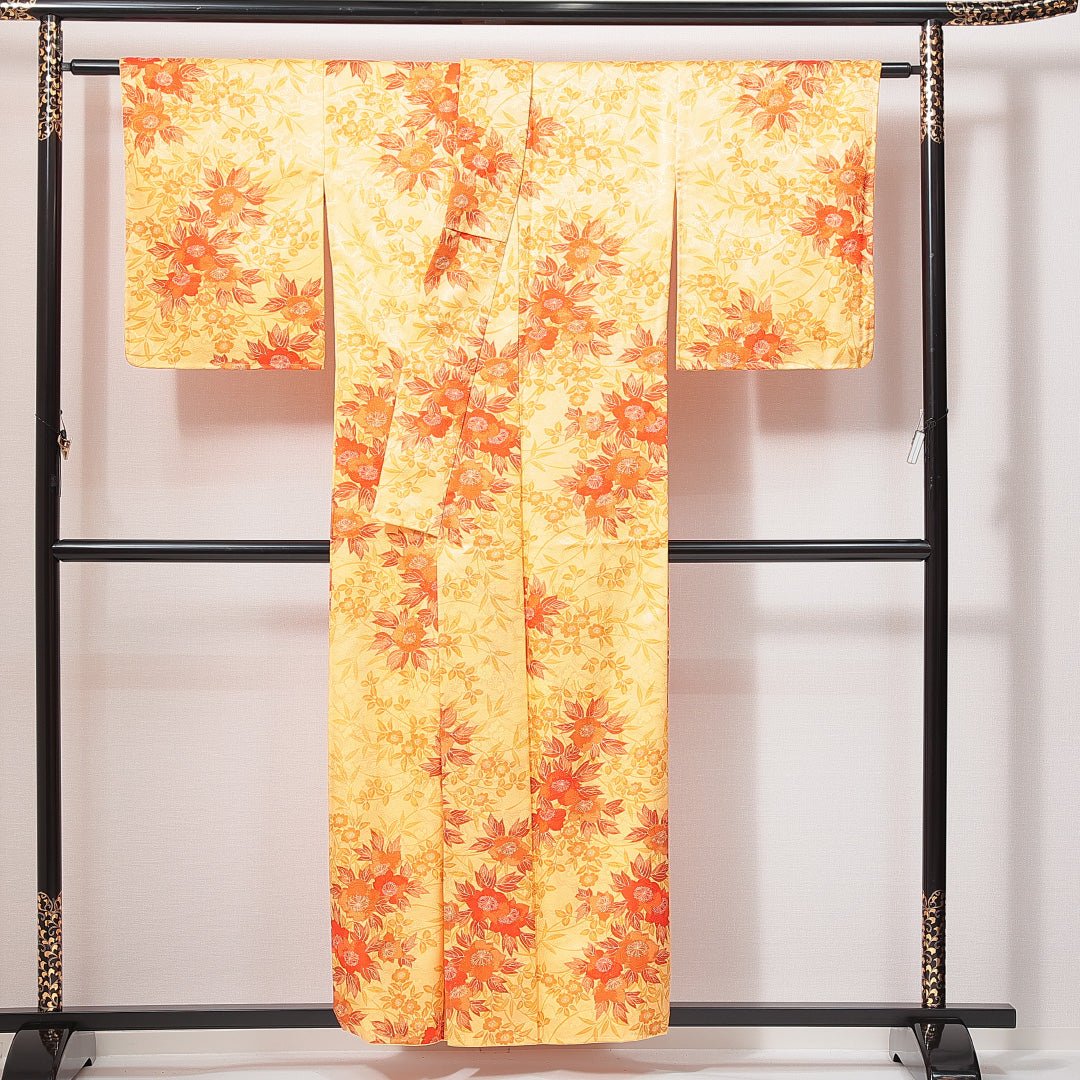 小紋 袷 身丈153cm 裄丈64cm 正絹 Sランク インフォーマル 広衿 Sサイズ 桜 黄系 RP 1221-14918