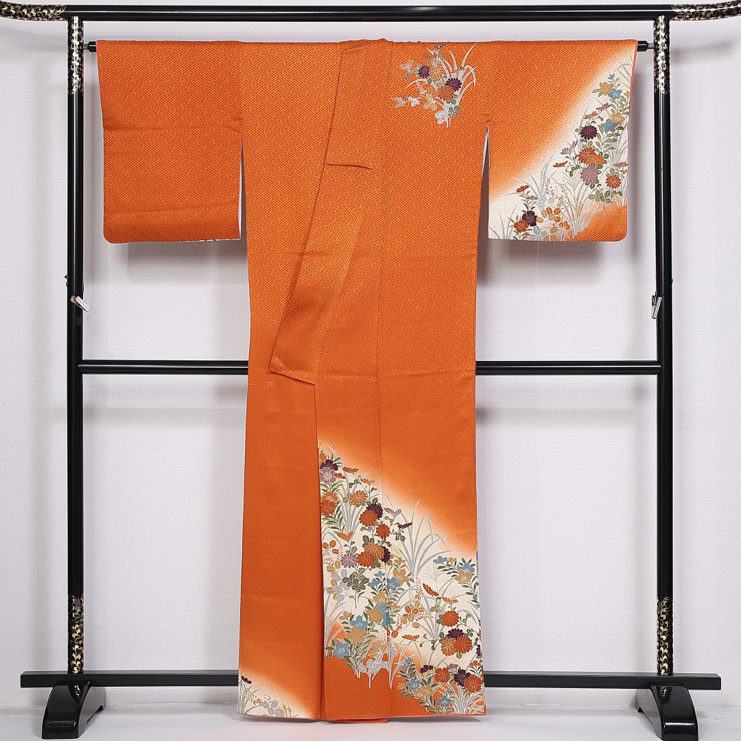 訪問着 身丈159cm 裄丈66cm 正絹 Aランク 袷 広衿 菊 菖蒲 紋意匠 紗綾形 1212-10405