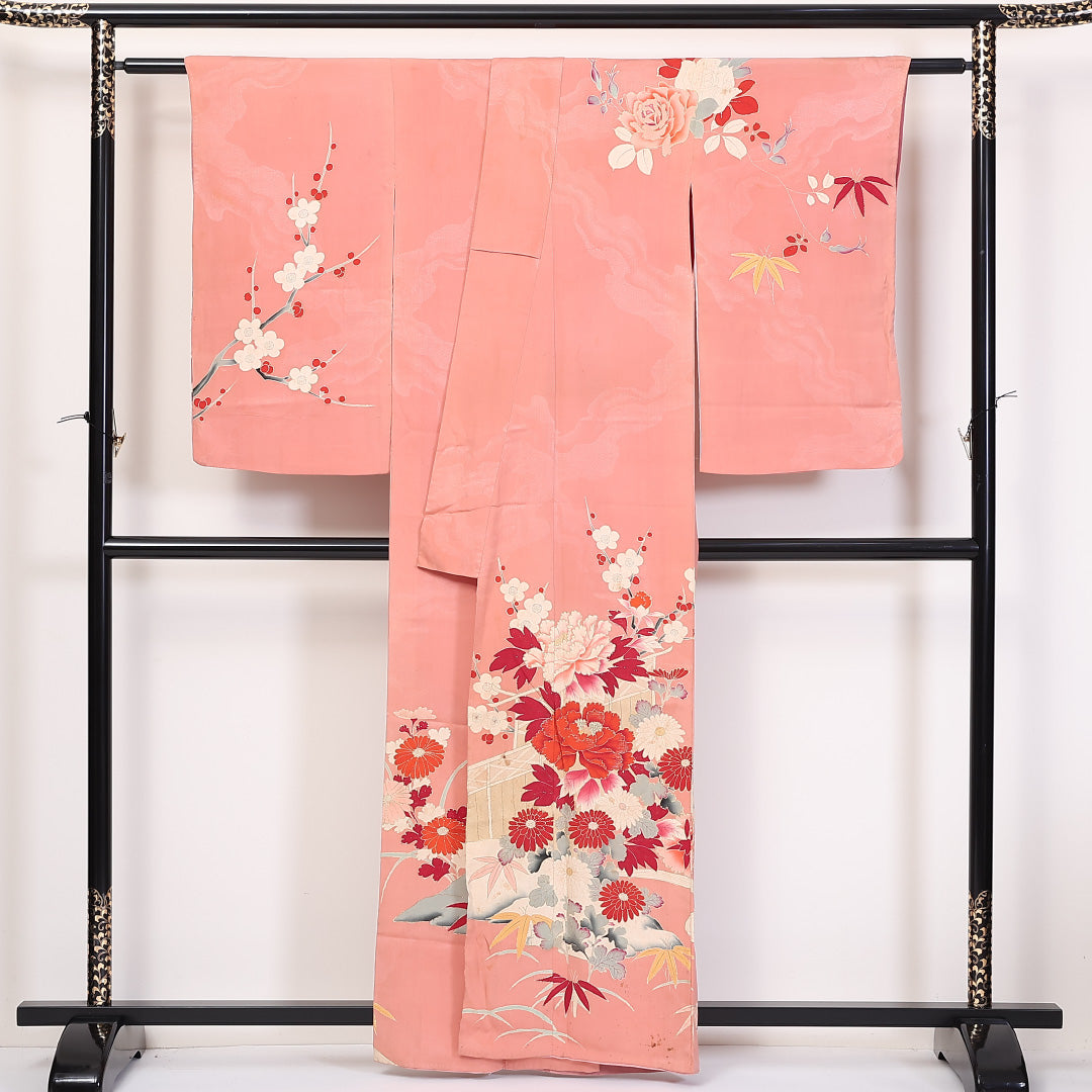 アンティーク 小振袖 身丈161cm 裄丈62.5cm Cランク 袷 正絹 広衿 花車 1213-F0070