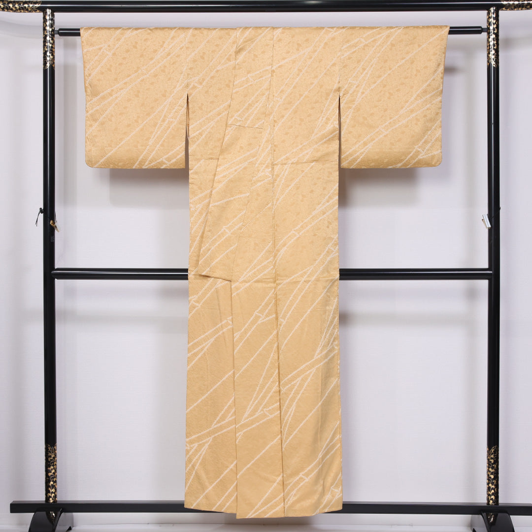 小紋 袷 身丈152cm 裄丈63cm 正絹 Aランク インフォーマル 広衿 Sサイズ 扇 黄系 RP 1221-11447