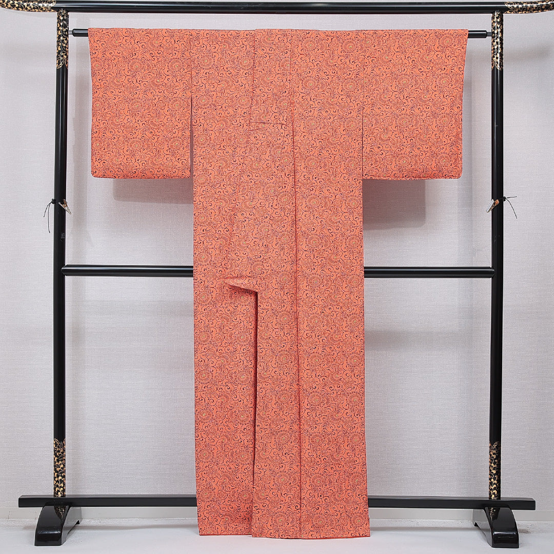 小紋 袷 身丈164cm 裄丈64cm 正絹 Sランク インフォーマル 広衿 Lサイズ 唐菊 朱系 RP 1221-15731