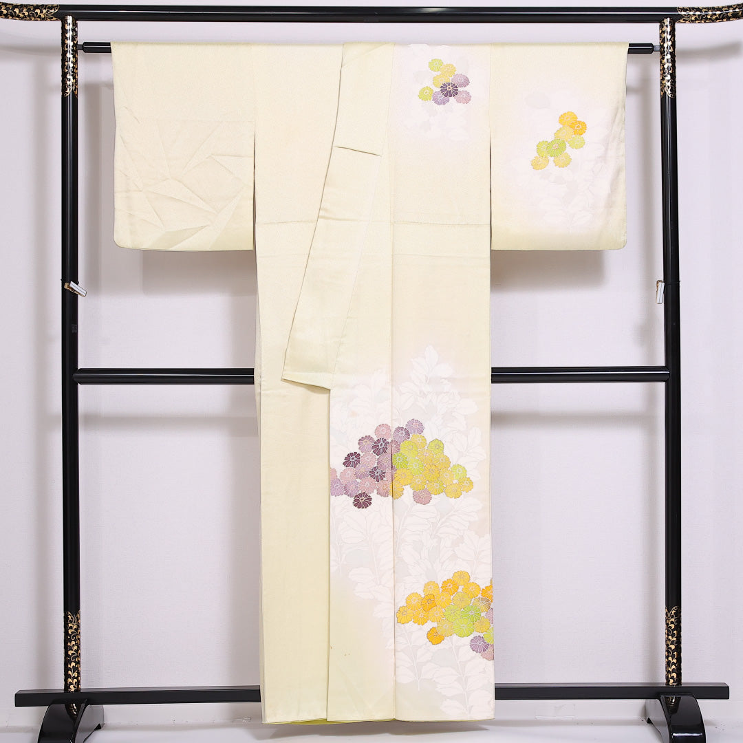訪問着 袷 身丈156cm 裄丈63cm 正絹 Bランク セミフォーマル 広衿 Mサイズ 菊 黄系 RP 1217-04813