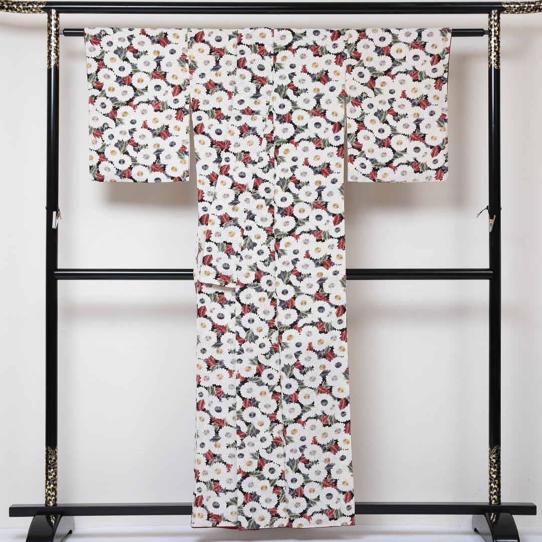 小紋 袷 身丈157cm 裄丈65cm 正絹 Cランク インフォーマル 広衿 Mサイズ 花柄 白系 HP 1221-01521