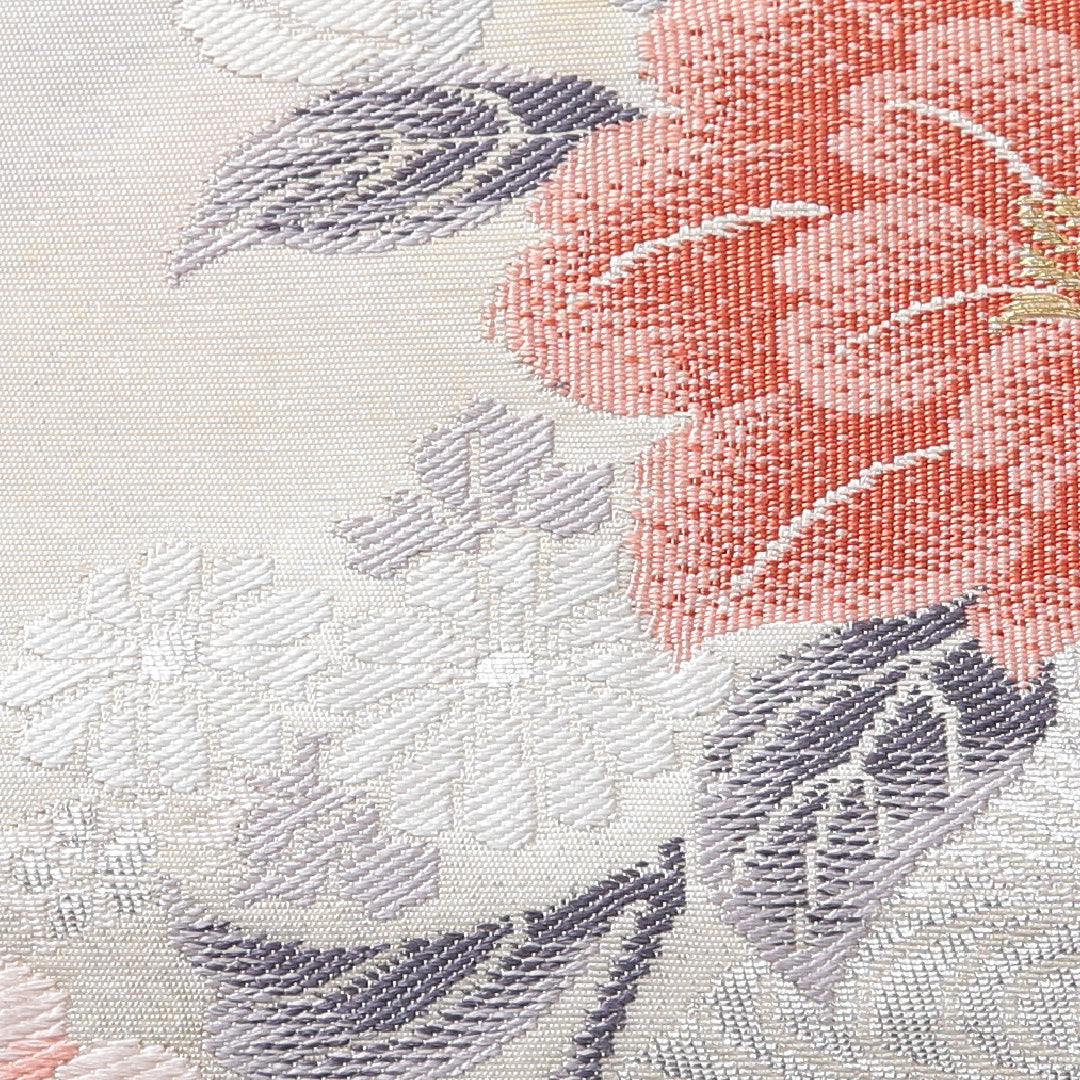 九寸名古屋帯 帯丈345cm セミフォーマル 名古屋仕立て ポイント柄 Cランク 正絹 椿 クリーム系 1224-03935