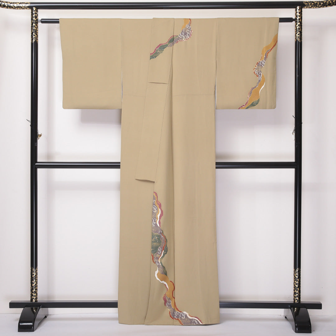付下げ 袷 身丈160~164cm 裄63.5cm 正絹 道長取り 金彩 ベージュ系 Sランク 1212-00631