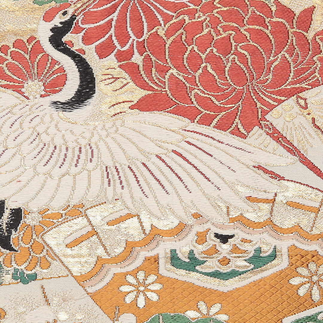 アンティーク 丸帯 帯丈372cm 正絹 全通 御所車 鶴 クリーム系 金系 1242-01189