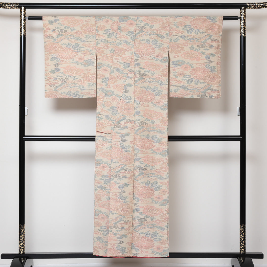 紬 袷 身丈152cm 裄丈63cm 正絹 Sランク カジュアル 広衿 Sサイズ 船 流水 菊 クリーム系 RP 1223-03096