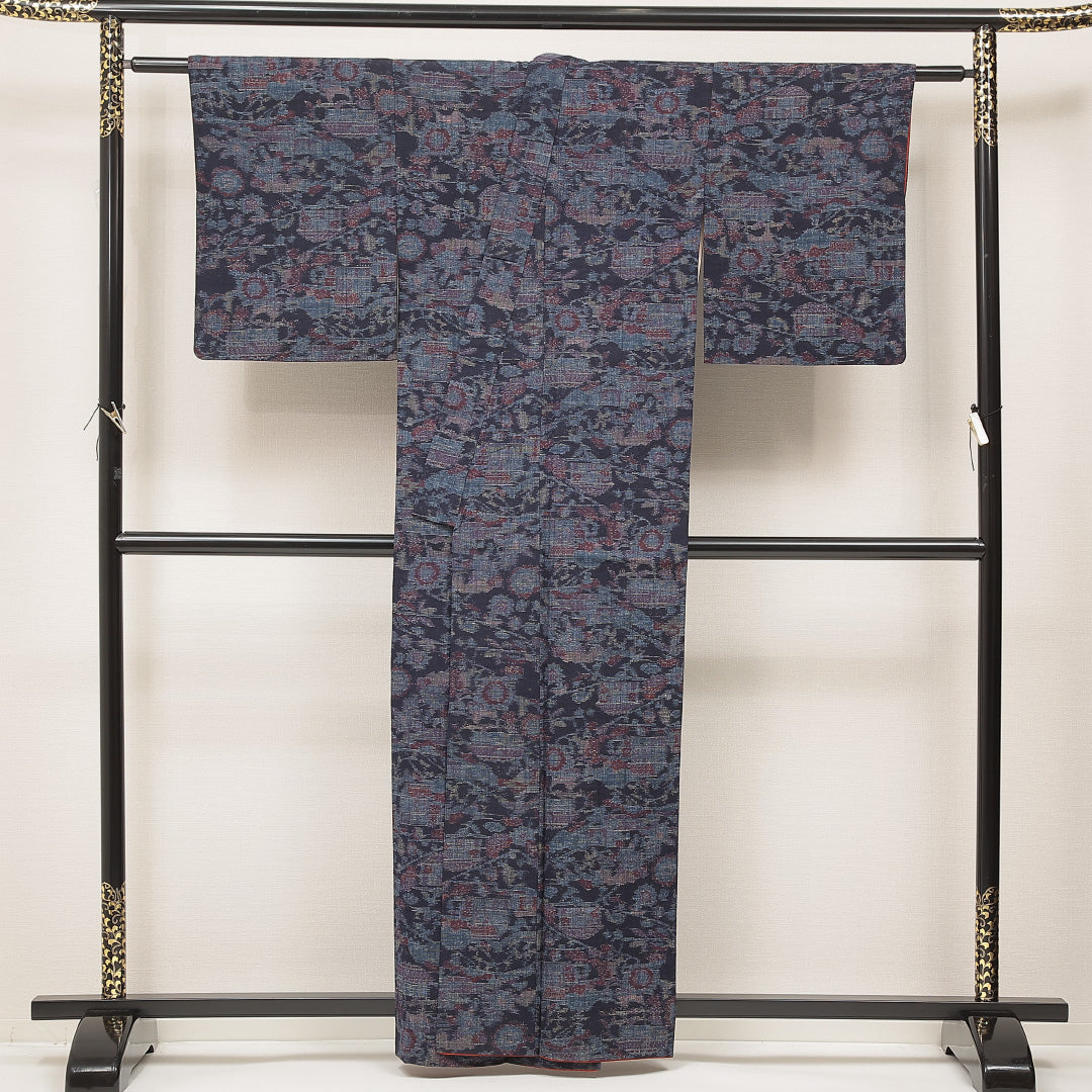 紬 袷 身丈160cm 裄丈64cm 正絹 Aランク インフォーマル バチ衿 Lサイズ 花柄 素朴 淡い 紫系 RP 1223-16907