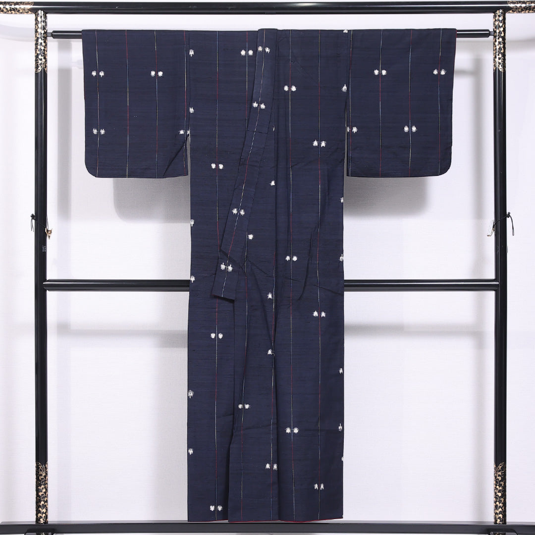 紬 袷 身丈150cm 裄丈63cm 正絹 Cランク カジュアル バチ衿 Sサイズ 創作柄 紺系 LP 1223-11665