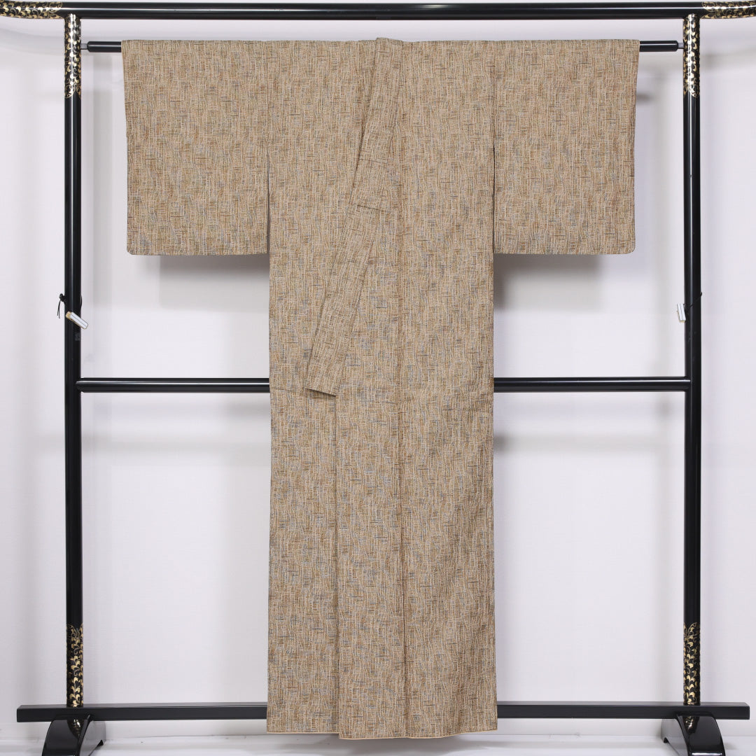 紬 袷 身丈155cm 裄丈62cm 正絹 Sランク カジュアル バチ衿 Mサイズ よろけ縞 茶系 RP 1223-11513