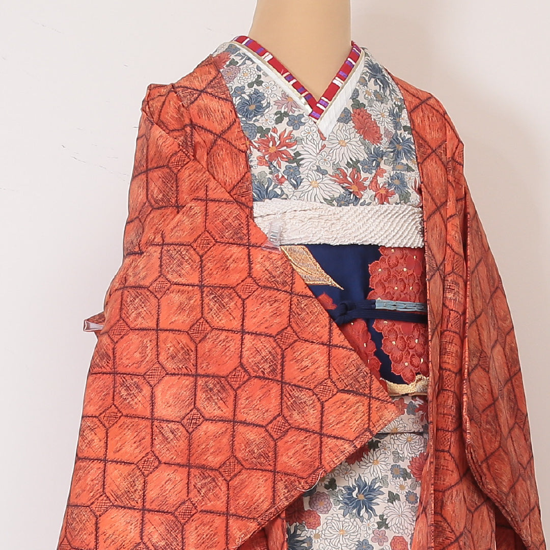 洗える着物 羽織 袷 身丈84cm 裄丈65cm ポリエステル Sランク カジュアル Mサイズ 蜀江 創作柄 朱系 RP 1232-05793