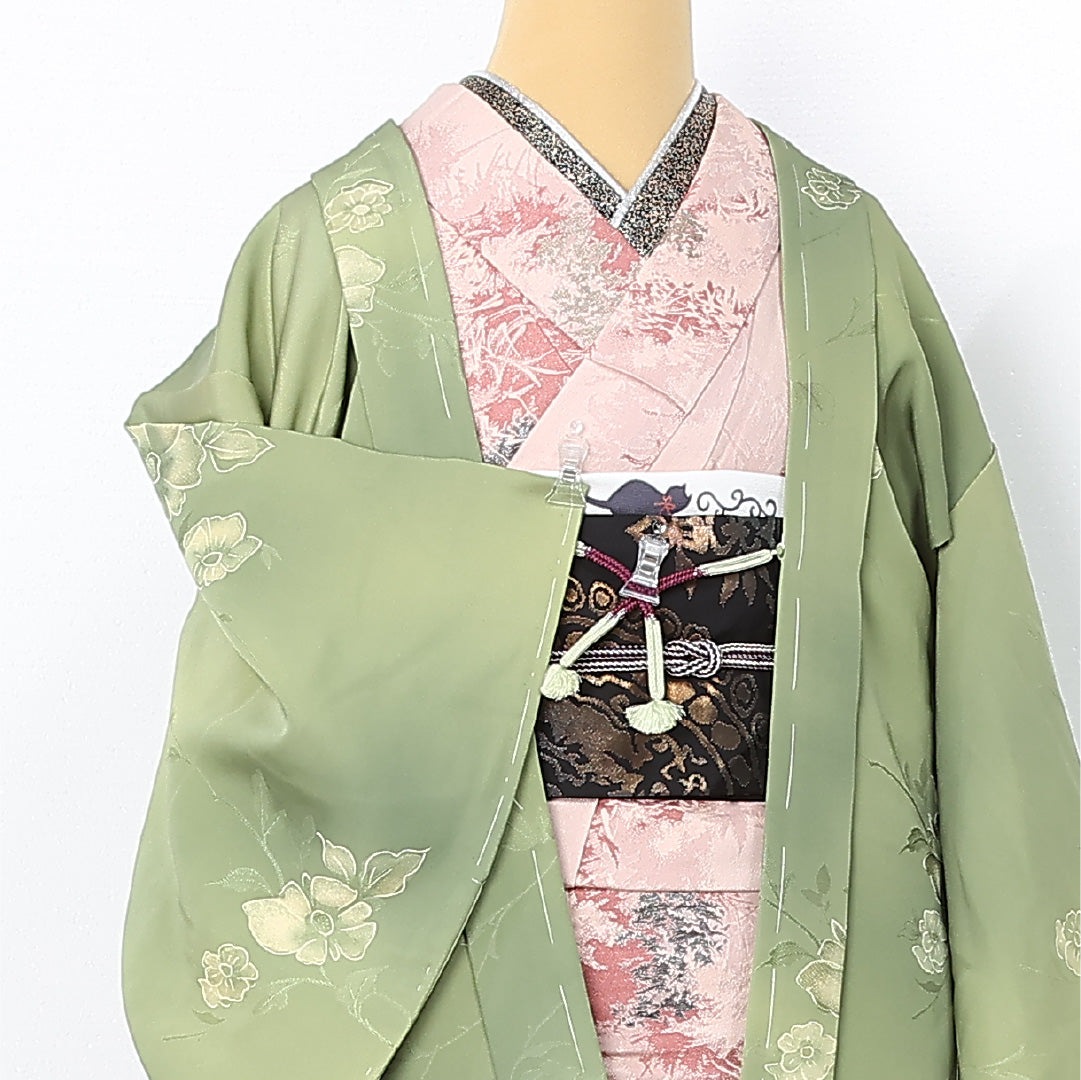 羽織 袷 身丈77cm 裄丈63cm 正絹 Sランク カジュアル Sサイズ ぼかし染 紐あり 芙蓉 緑系 RP 1232-12563