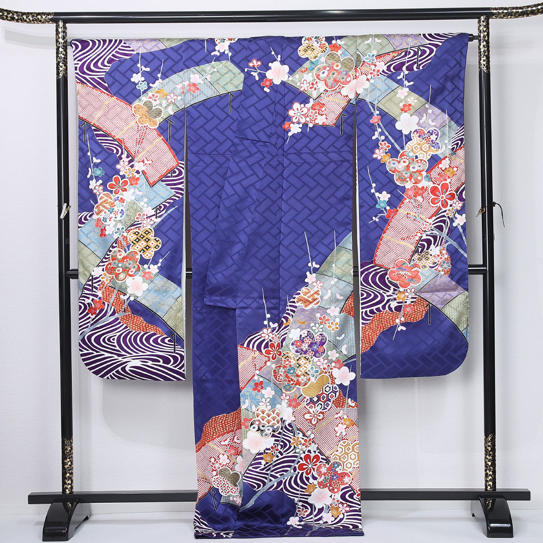 振袖 身丈174cm 裄丈70.5cm Sランク 正絹 袷 広衿 2XL 金駒刺繍 菊 松 フォーマル 古典的 華やか 青系 1213-F0473
