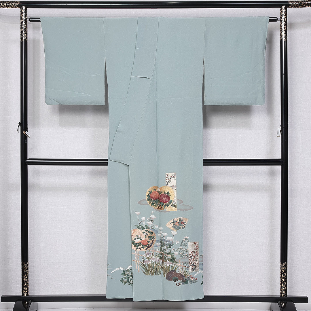 色留袖 身丈153cm 裄丈66.5cm 袷 一つ紋 三つ柏 正絹 Aランク 広衿 金箔 牡丹 桜 1211-F0415