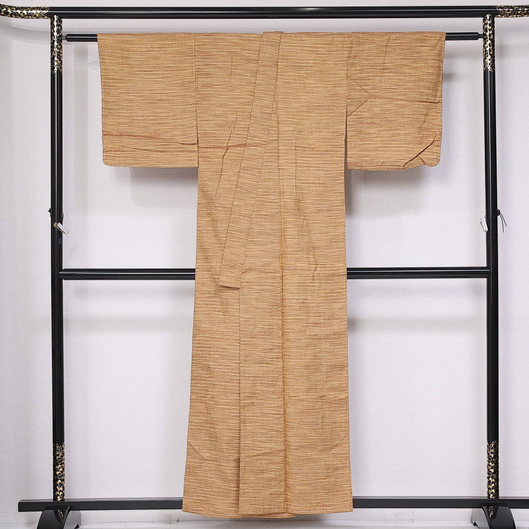 真綿紬 袷 身丈155cm 裄丈61cm 正絹 Sランク カジュアル バチ衿 Mサイズ 織り出し 抽象柄 茶系 RP 1223-10911
