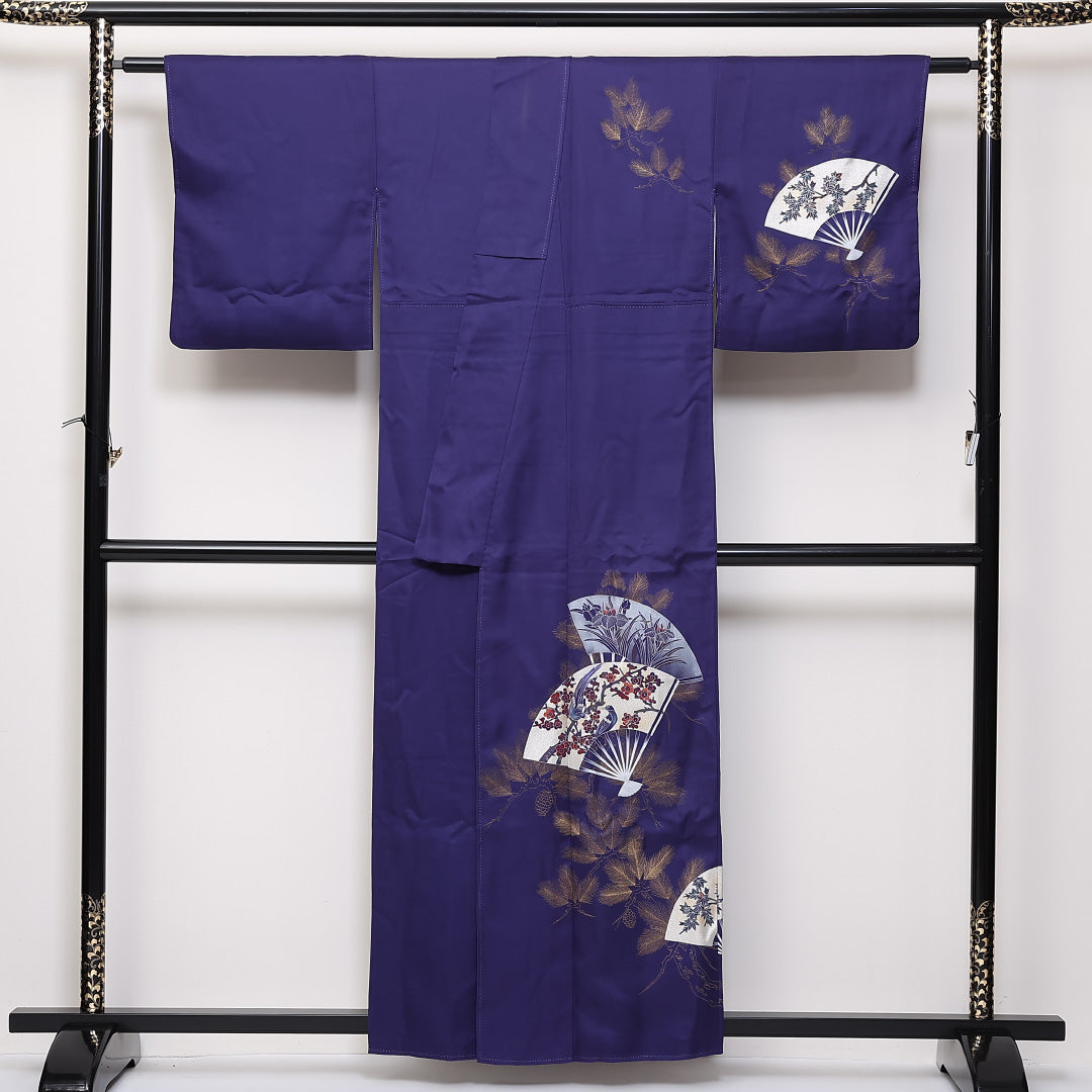 訪問着 袷 身丈158cm 裄64.5cm 正絹 金彩 扇子 鴛鴦 菖蒲 箔 松 Aランク 1212-00697