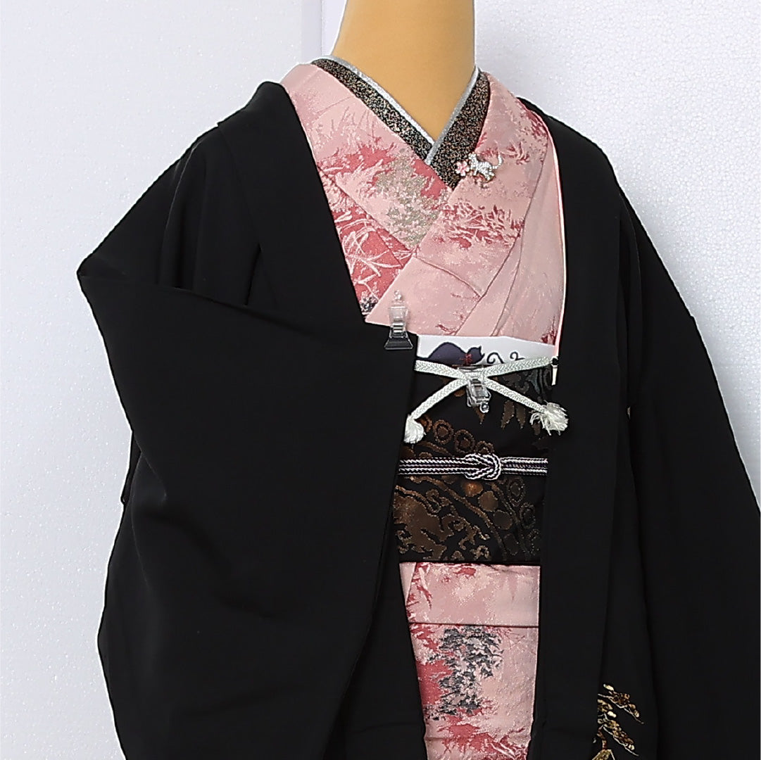 黒羽織 袷 身丈75cm 裄丈63cm 正絹 Cランク インフォーマル Sサイズ 紐あり 松 黒系 LP 1233-12926
