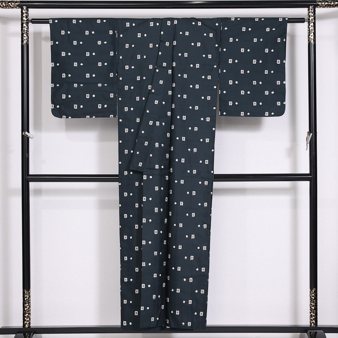 アンティーク 銘仙 紬 単衣 身丈150.5cm 裄63cm 正絹 肩当て 居敷当て 緑系 Aランク 1216-01436