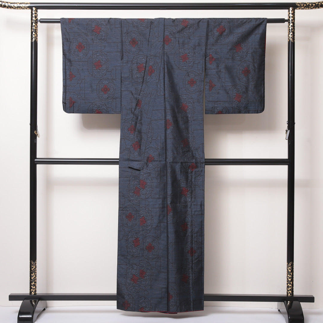 大島紬 袷 身丈159cm 裄丈64cm 正絹 Bランク インフォーマル 広衿 Mサイズ 花柄 紺系 RP 1223-03533