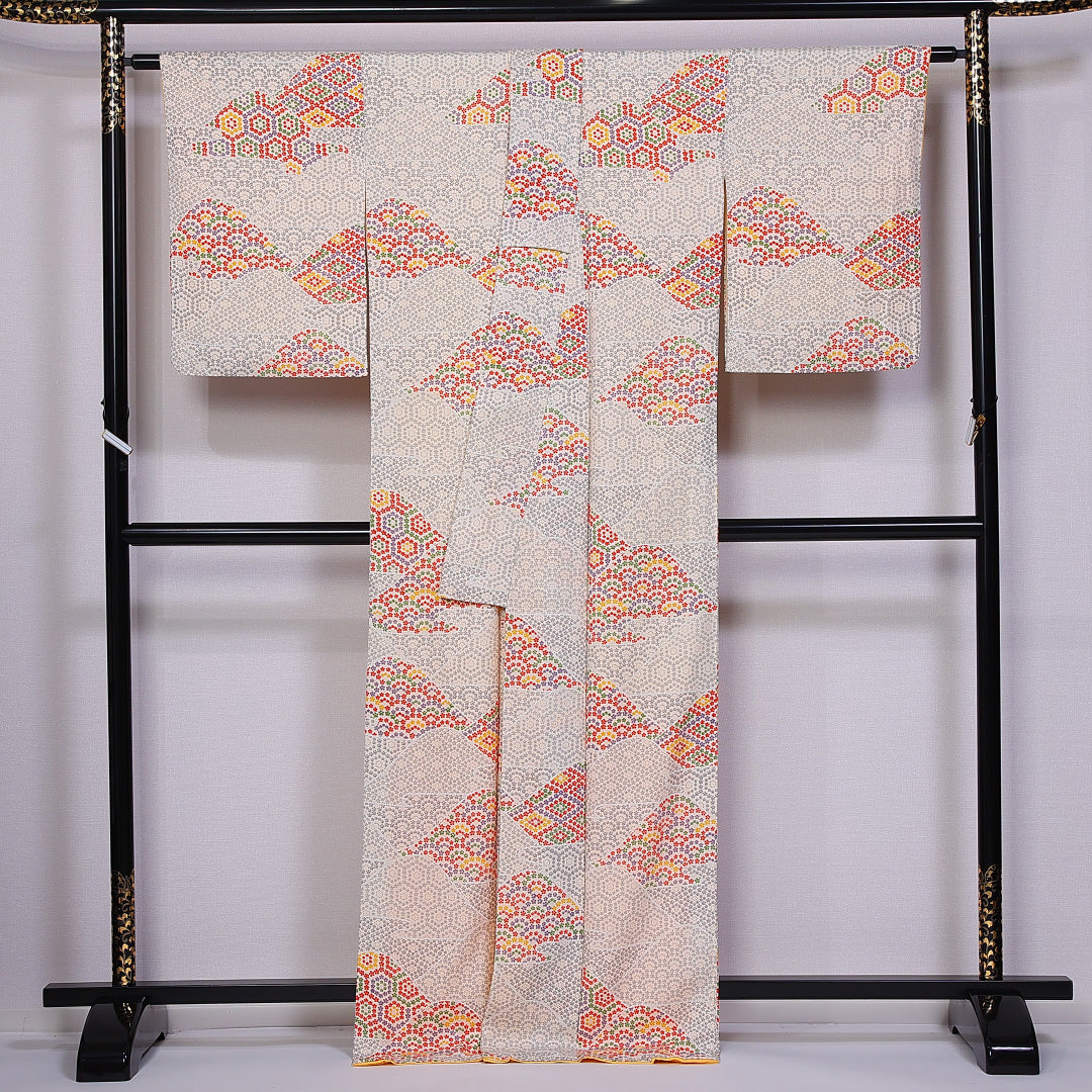 小紋 袷 身丈168cm 裄丈62cm 正絹 Bランク インフォーマル 広衿 XLサイズ 亀甲 桜 グレー系 HP 1221-11061