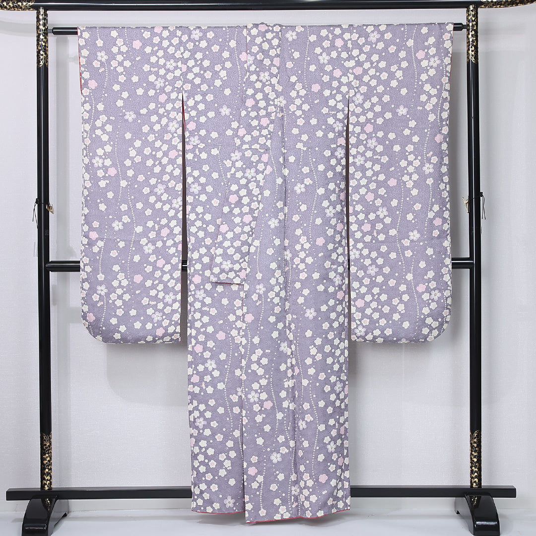 振袖 身丈155cm 裄丈63cm Sランク 袷 正絹 XS 広衿 エレガント 菊 桜 花柄 リバーシブル 紫系 1213-F0438