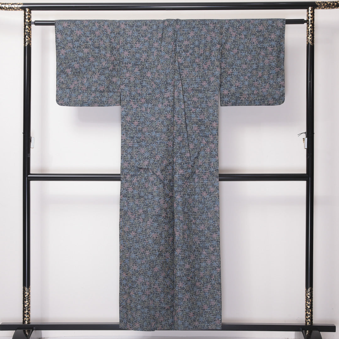 紬 単衣 身丈153cm 裄63.5cm 正絹 ボタニカル グレー系 Sランク 1216-00964